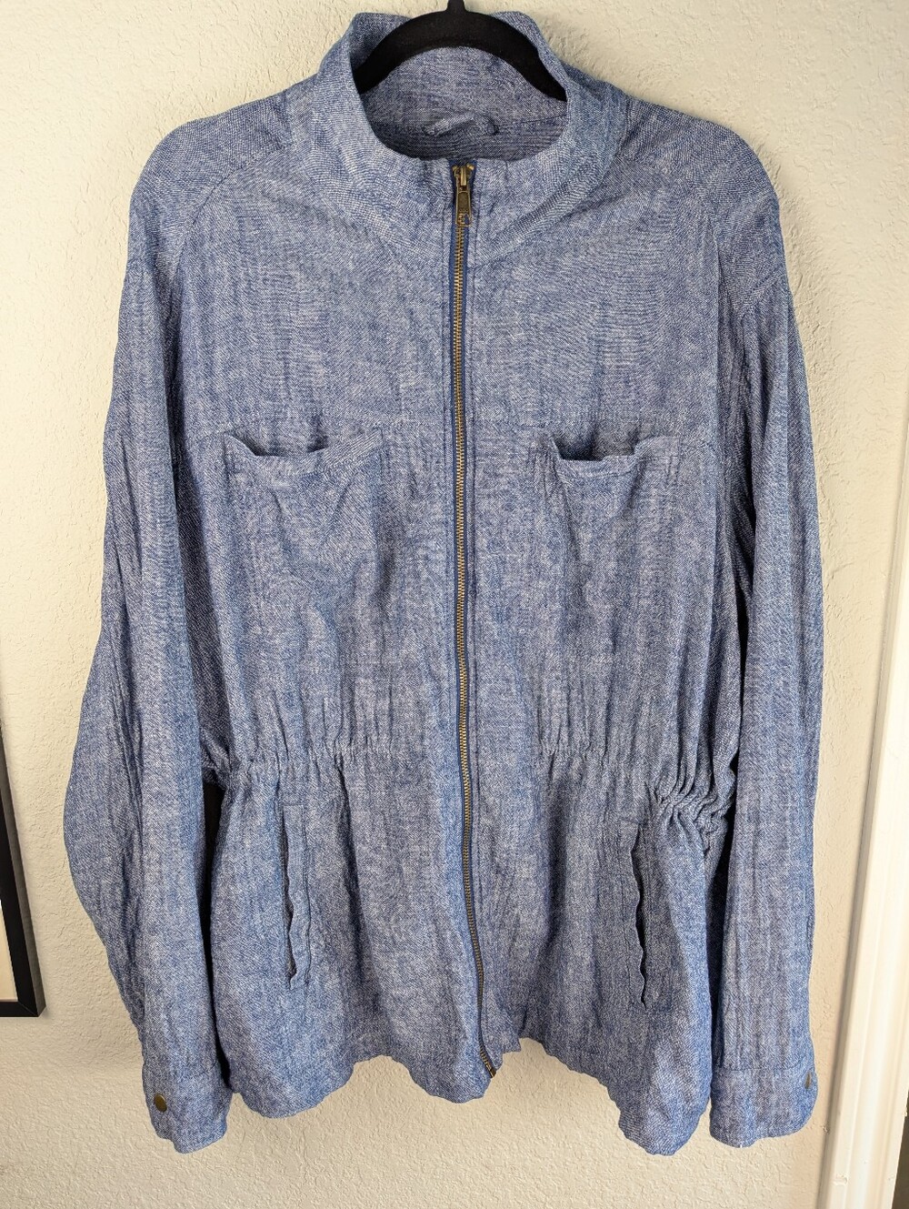 Old Navy Linen Blend Jacket XXL Blue Chambray Utility Drawstring Waist Zip Up
